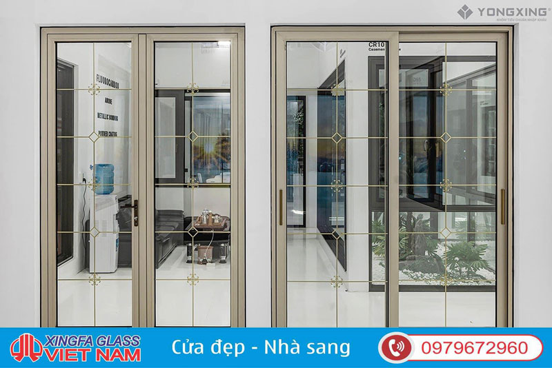 Cửa Nhôm Suco Châu Âu Cho Nhà Việt 3 Cửa Trượt 4 Cánh Suco Màu Vàng Champaink